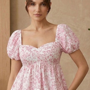 Romantisches Blusentop mit Blumenmuster und Puffärmeln – Schicke Bluse im Milchmädchenstil – Elegantes Shirt mit Herzausschnitt – Modernes Sommer-Top im Fairycore-Stil