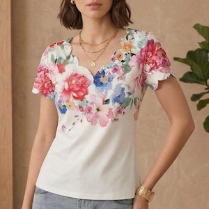 Peut inclure: Un haut blanc à col en V avec un imprimé floral avec des fleurs roses, rouges et bleues. Le haut a des bords festonnés sur l'encolure et les manches. Le modèle porte un jean bleu et des bijoux dorés.