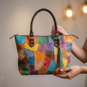 Patchwork Leather Tote Bag, Braided Handles, Colorful Boho Purse, Statement Shoulder Bag
