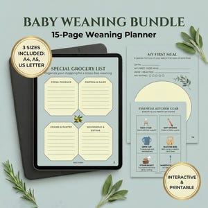 Può includere: Un pacchetto per lo svezzamento del bambino con un planner di 15 pagine. Il pacchetto include una lista della spesa speciale, una sezione per il primo pasto e gli utensili da cucina essenziali. Il pacchetto è interattivo e stampabile, disponibile in A4, A5 e US Letter.