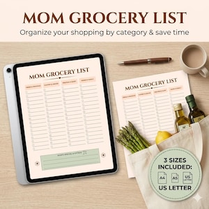 Gecategoriseerde boodschappenlijst om af te drukken, Sage Green Mom Shopping Organizer, A4 A5 US Letter Minimalistische planner