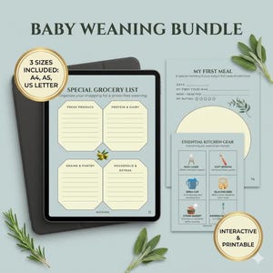 Può includere: Un pacchetto per lo svezzamento del bambino con un tablet digitale che mostra una lista della spesa e un tracker dei pasti stampabile. Il pacchetto include un elenco di attrezzature da cucina essenziali. Il testo recita "Baby Weaning Bundle" e "Interactive & Printable."