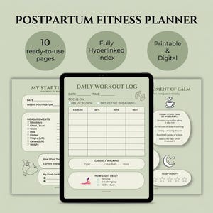 Può includere: Un pianificatore digitale di fitness post-partum su tablet, con un registro giornaliero degli allenamenti, monitoraggio delle misure e una sezione per la cura di sé. Il pianificatore include 10 pagine pronte all'uso e un indice completamente ipertestuale.