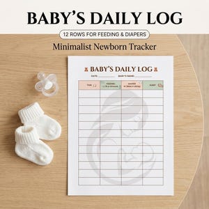 Può includere: Un tracker minimalista per neonati con il testo "BABY'S DAILY LOG" e "12 ROWS FOR FEEDING & DIAPERS". Il registro include sezioni per l'ora, l'alimentazione, i cambi di pannolino e il sonno. Un ciuccio e un paio di calzini bianchi per neonato sono su una superficie di legno.