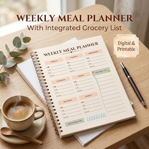 May include: A spiral-bound weekly meal planner with an integrated grocery list. The planner features sections for each day of the week, with space for meals and snacks. The text "WEEKLY MEAL PLANNER" is at the top.