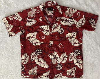 Camisa vintage de los 80 de la colección Hawaiian Reserve, con estampado de palmeras, peces tropicales y anzuelos, talla L, color rojo.