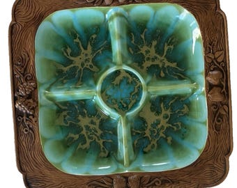 Vintage MCM Tray Retro Ceramic Divided Serving Platter Turquois Gold Brown