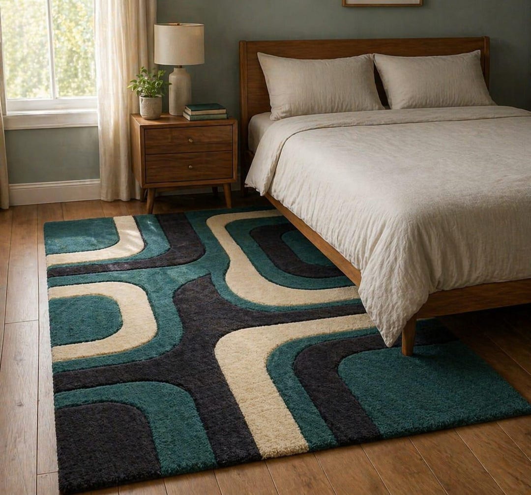 Modern Abstract Hand Tufted Wool Area Rug – Teal, Black & Ivory ...
