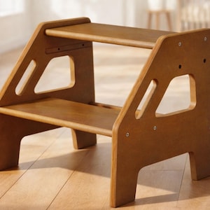 Wooden Toddler Step Stool, Two-Step Helper with Handles, Walnut Brown Finish