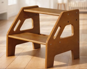 Wooden Toddler Step Stool, Two-Step Helper with Handles, Walnut Brown Finish