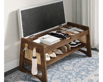 Solid Wood Shoe Rack Bench with Storage, Cushioned Entryway Organizer, Flip Top Mudroom Furniture