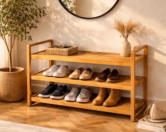 3 Tier Bamboo Shoe Rack, Natural Wood Entryway Organizer, Space-Saving Shelf Bench