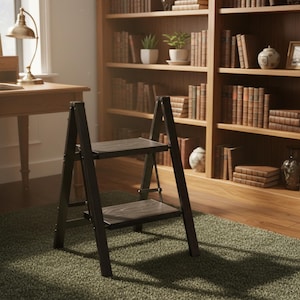 Aluminum Folding 2 Step Stool - Lightweight Black Woodgrain Ladder with Anti-Slip Wide Pedals