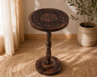 Rustic Wood Side Table, Carved Mango Wood Nightstand, Farmhouse End Table, Small Accent Table, Burnt Finish