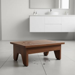 May include: A square, wooden step stool with a rich brown finish. The stool has a slatted top and four angled legs. The stool is approximately 18 inches long, 18 inches wide, and 10 inches tall. The stool is in a bathroom setting.