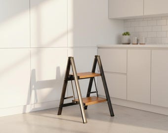 Aluminum Folding 2 Step Stool - Lightweight Woodgrain Ladder with Anti-Slip Wide Pedals