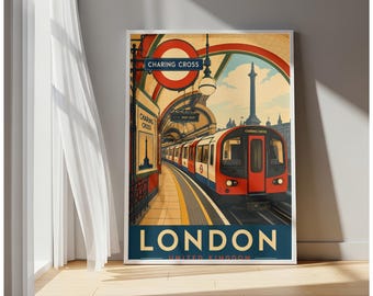 Retro Charing Cross Station London Train Poster, Vintage Railway Art Print