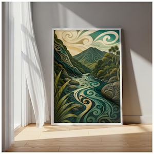 Può includere: Una stampa artistica incorniciata che raffigura un paesaggio stilizzato con un fiume tortuoso che scorre attraverso una valle verso una montagna. L'opera incorpora intricati motivi a vortice in tonalità verde acqua, verde e crema, con fogliame e rocce.