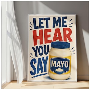 Mayo-kunstprint, retro-kruiderijposter, grappige keukenmuurdecoratie, grafische mayonaisefles