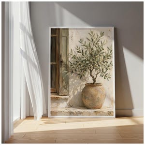 May include: A framed wall art print depicting an olive tree in a weathered terracotta pot placed on a stone step next to a rustic wooden window shutter. The scene features a textured off-white wall with soft shadows cast by the tree branches.