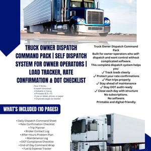 Könnte beinhalten: Ein digitales Download-Produkt für Lkw-Eigentümer-Betreiber. Das Bild zeigt einen blauen Sattelzug und einen weißen Sattelzug sowie Text, der das Truck Owner Dispatch Command Pack detailliert. Das Paket enthält einen Ladungs-Tracker und eine DOT-Checkliste.