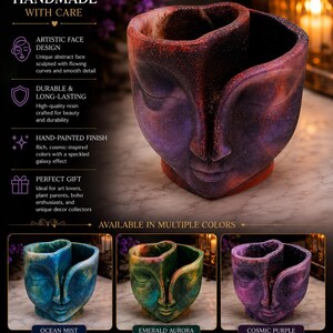 May include: A hand-painted resin planter in the shape of a face, with a cosmic purple finish and speckled galaxy effect. The planter is available in multiple colors, including Ocean Mist and Emerald Aurora. It is suitable for succulents, air plants, or herbs.