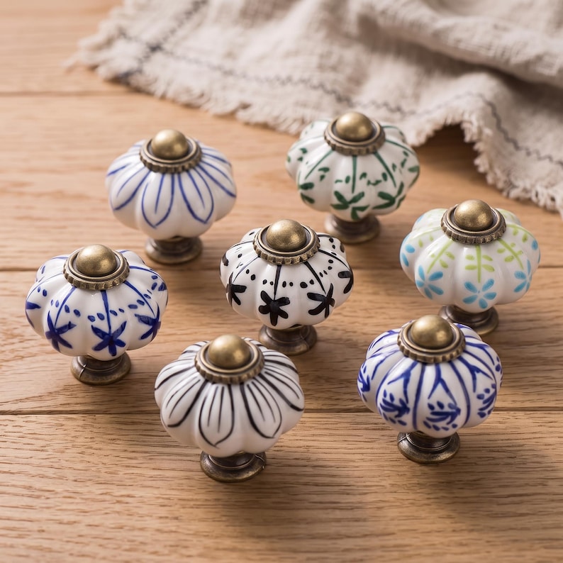 Pu&ograve; includere: Una collezione di sette pomelli per mobili in ceramica a forma di zucca. Ogni pomello presenta una base bianca con distinti motivi dipinti a mano in blu, nero o verde, sormontati da una finitura circolare in metallo color ottone antico.