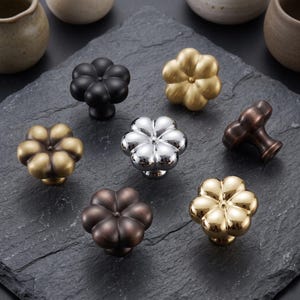 Peut inclure: Un ensemble de sept boutons de placard en forme de fleur avec des finitions variées, incluant noir mat, or brossé, chrome poli, bronze foncé et or brillant. Chaque bouton présente un design à six pétales avec un détail central circulaire.