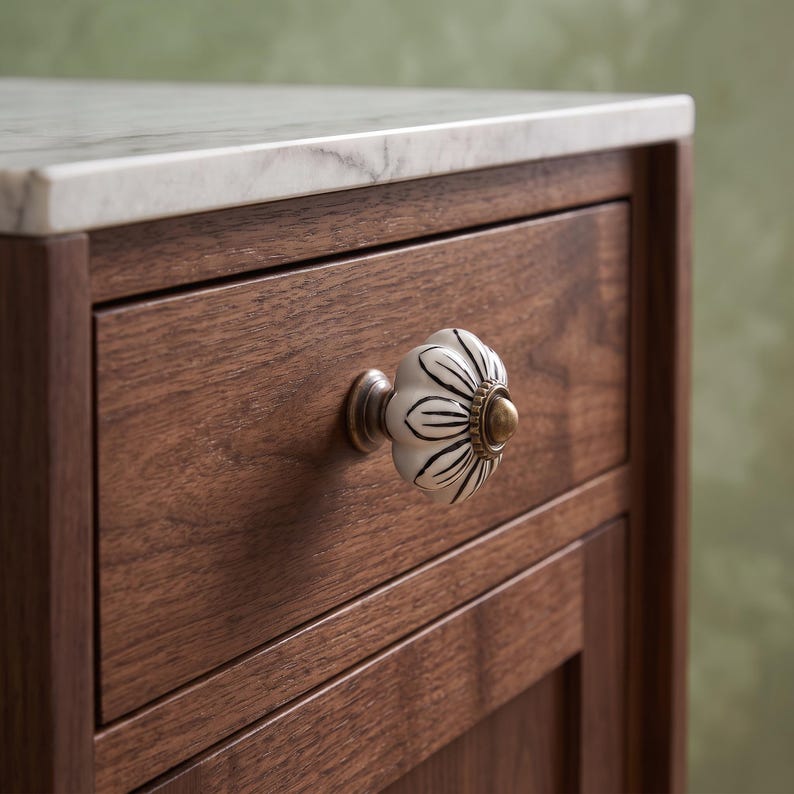 Pu&ograve; includere: Un pomello per cassetto in ceramica bianca con dettagli a petalo dipinti in nero e una base in metallo color ottone, fissato su un frontale di cassetto in legno marrone scuro con venature visibili e un bordo in marmo bianco in alto.