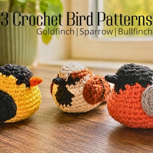 3 för 2 Virkade Fågelmönster Bundle | Steglits, Sparv och Domherre Amigurumi PDF med foton