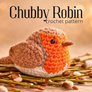 Pode incluir: Um pássaro de petirrojo de crochê com as costas marrons, o peito laranja e a barriga branca, pousado em galhos. O texto "Chubby Robin crochet pattern" é exibido acima do pássaro.