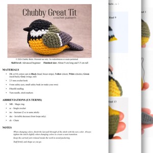 May include: A crochet pattern document titled Chubby Great Tit featuring a black, white, yellow, green, and gray crocheted bird. The document lists materials including DK cotton yarn, a 2.5 mm hook, and 4 mm safety eyes, with a finished size of 9 cm long and 5.5 cm tall.