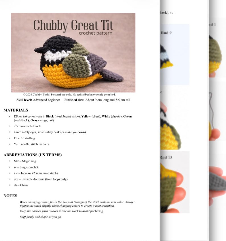 May include: A crochet pattern document titled Chubby Great Tit featuring a black, white, yellow, green, and gray crocheted bird. The document lists materials including DK cotton yarn, a 2.5 mm hook, and 4 mm safety eyes, with a finished size of 9 cm long and 5.5 cm tall.