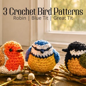 Lot de 3 modèles d'oiseaux au crochet pour le prix de 2 | Amigurumi de rouge-gorge, mésange bleue et mésange charbonnière (PDF avec photos)