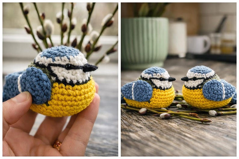 May include: Two crocheted blue tit birds featuring a rounded shape, bright yellow bellies, blue wings with white accents, white faces with black eye patches, and small black beaks. The birds are crafted with detailed yarn stitching.