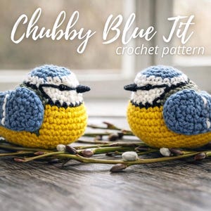Op de afbeelding: Twee handgemaakte gehaakte vogels, met blauwe, gele, witte en zwarte details, staan op een houten oppervlak met takjes. De vogels zijn rond en kijken elkaar aan. De tekst "Chubby Blue Tit crochet pattern" staat bovenaan.