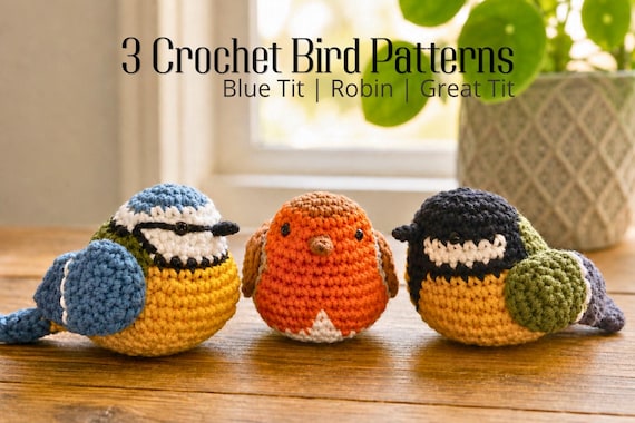 3 for 2 Crochet Bird Patterns Bundle | Robin, Blue Tit & Great Tit Amigurumi PDF with photos