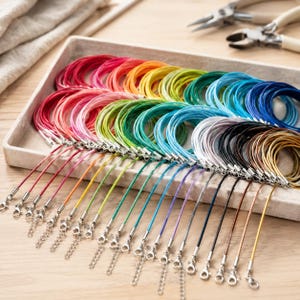 May include: A collection of multi-colored cord necklaces arranged in a rectangular tray. Each necklace features a thin, round cord in various hues including red, orange, yellow, green, blue, purple, black, and brown, finished with silver-tone metal clasps.