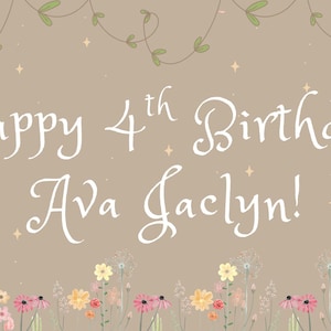 Könnte beinhalten: Geburtstagsbanner mit beigem Hintergrund, verziert mit Feenillustrationen, einem Feenhaus und einem Pilzhaus. Der Text lautet "Happy 4th Birthday Ava Jaclyn!" mit einer "Edit with Canva"-Schaltfläche.