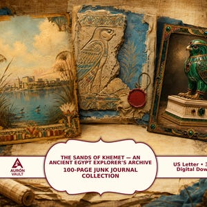 May include: A collection of three rectangular items featuring Egyptian themes: a painting of a river landscape, a textured blue and beige panel with a falcon relief and red wax seal, and a framed image of a green falcon statue on a pedestal.