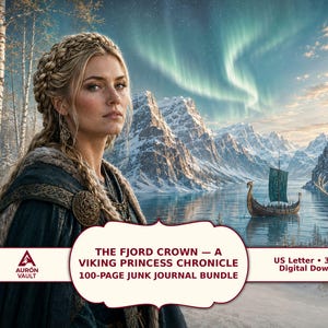 May include: A digital download bundle titled THE FJORD CROWN — A VIKING PRINCESS CHRONICLE 100-PAGE JUNK JOURNAL BUNDLE. The image features a blonde person with braided hair, a Viking ship on a fjord, snowy mountains, and an aurora borealis.