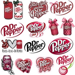 May include: A collection of Dr. Pepper-themed designs. Includes cans with bows, logos, and heart-shaped graphics with text like "Just a Girl who loves Dr Pepper" and "Dr Pepper Girly".