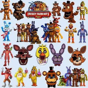 Puede incluir: Una colección de personajes de dibujos animados coloridos de la franquicia de videojuegos, Five Nights at Freddy's. La imagen incluye varios animales animatrónicos, como osos, conejos, zorros y patos, en diferentes poses. Los personajes son de varios colores, incluyendo marrón, azul, amarillo y rojo.