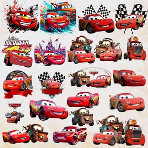 Puede incluir: Una colección de coches de carreras rojos de dibujos animados, incluyendo a Rayo McQueen, con varios diseños y poses. Algunas imágenes presentan banderas a cuadros y el texto "Cars". Los coches están representados en diferentes estilos.