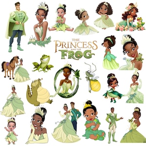 May include: A collection of cartoon illustrations featuring characters from "The Princess and the Frog." The images showcase Princess Tiana in various poses, along with Prince Naveen, frogs, and other characters, all in a vibrant green and gold color scheme.