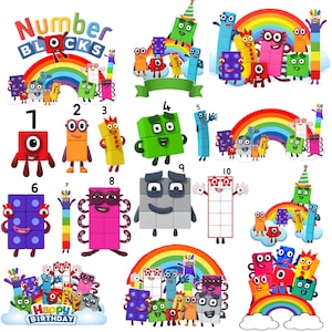 以下が含まれることがあります： 数字ブロックのキャラクター、1から10までの数字、虹、そして「Happy Birthday」の文字が描かれたカラフルな画像。キャラクターは様々な色とポーズで、パーティーハットをかぶっているものもいます。