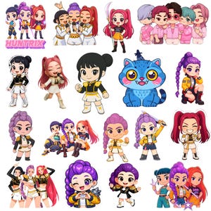 Puede incluir: Una colección de pegatinas de dibujos animados coloridos con varios personajes en diferentes poses. Las pegatinas muestran una variedad de atuendos y peinados, algunos sosteniendo micrófonos o armas. La palabra "HUNTRIX" es visible en una pegatina.