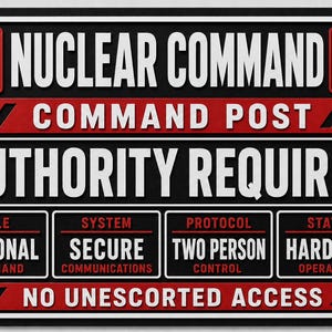 May include: A rectangular black, red, and white sign featuring the text NUCLEAR COMMAND, COMMAND POST, AUTHORITY REQUIRED, and NO UNESCORTED ACCESS. It includes icons of communication towers and labels for ROLE, SYSTEM, PROTOCOL, and STATUS.