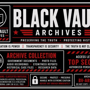 May include: A rectangular black sign with white and red text reading Black Vault Archives, Preserving the Truth, Protecting History, Information is Power, Transparency is Security, The Truth is Not Classified, Archive Collection, and Top Secret.