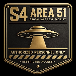 May include: A rectangular black sign with gold trim and lettering. It features a gold UFO graphic and text reading S4 AREA 51 GROOM LAKE TEST FACILITY, AUTHORIZED PERSONNEL ONLY, and RESTRICTED ACCESS, with a diagonal striped pattern above the bottom text.